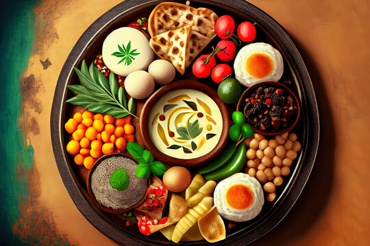 Meat sadj potato onion tomato greens lavash side view. Generative Ai