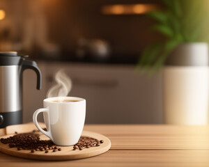 fresh coffee in a cozy sunny spring kitchen interior, created using generative AI tools