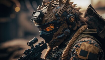 realistic animal in army suit , lion black ops army by ai generative