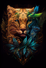 Beautiful graphics with a wild cat for a t-shirt or cover. ai generative