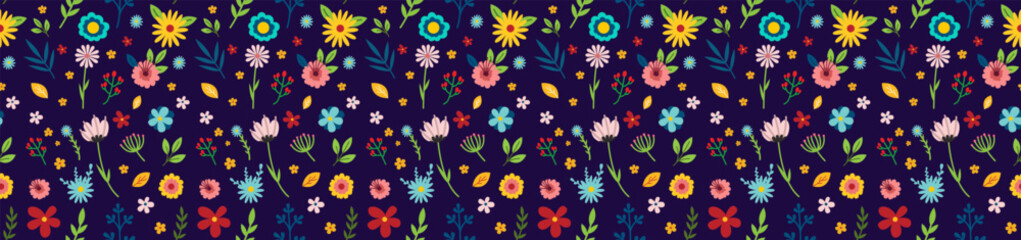 Fototapeta na wymiar Spring floral pattern on dark blue background. Vector set of spring flowers for your design. Vector EPS 10