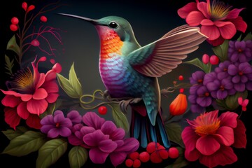 Obraz premium Colorful Hummingbird On Top Of Beautiful Flowers. Generative AI