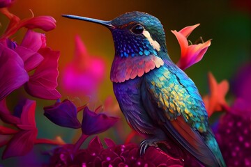 Fototapeta premium Colorful Hummingbird On Top Of Beautiful Flowers. Generative AI