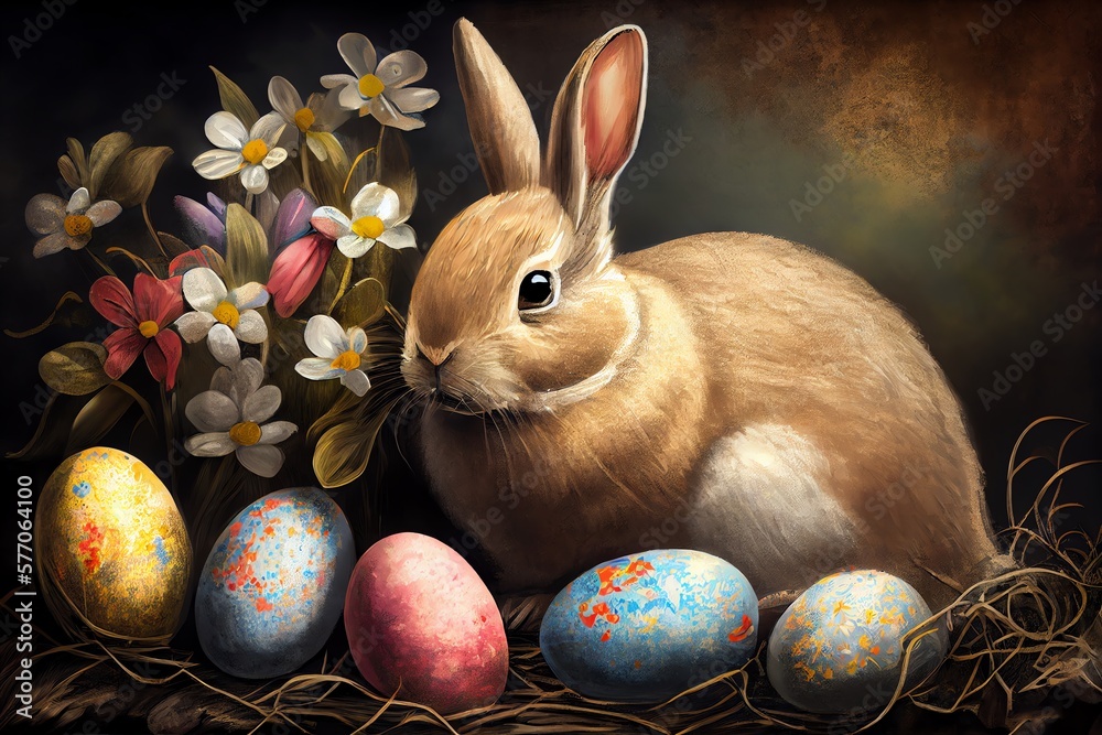 Wall mural Easter Bunny And Easter Eggs, Art Illustration. Generative AI