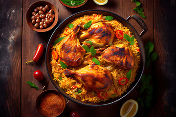 Majboos is a traditional Arabian Rice dish incorporating chicken meats closeup in the plate on the table. Generative Ai