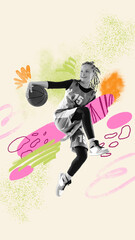 Fototapeta BW image of young professional basketball player in action, motion over light background with colorful abstract drawings. Inspiration, creativity and sports concept obraz