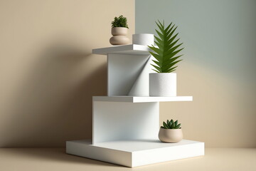 White pedestal with shelves for product presentation. Ai generative