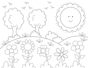 cute design with flowers, a cartoon sun and trees. coloring page that you can print on 8.5x11 inch paper