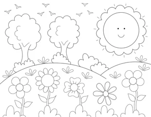 Cercles muraux Chambre denfants cute design with flowers, a cartoon sun and trees. coloring page that you can print on 8.5x11 inch paper