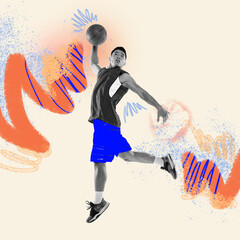 BW image of young professional basketball player in action, motion over light background with colorful abstract drawings. Inspiration, creativity and sports concept