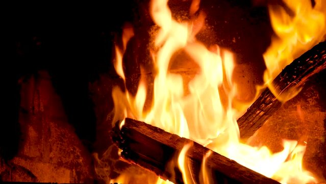 Campfire in the Night warm and cozy fireplace in a home. High quality 4k footage