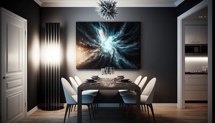 modern dining room with abstract picture on the wall and led lights  by ai generative