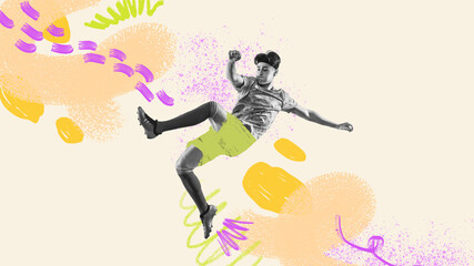 Creative design with young man, soccer player in motion with football ball. Kicking ball. Concept of creativity, action, energy, sport, competition and ad.