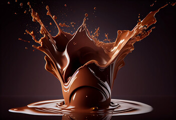 Liquid chocolate crown splash. In a liquid chocolate pool. With circular ripples. AI Generated