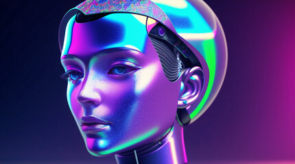 Abstract 3D illustration of holographic human face in space, robotic head made of glossy iridescent material. Artificial intelligence concept. generated with generative ai