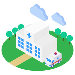 病院と救急車のアイソメトリックイラスト