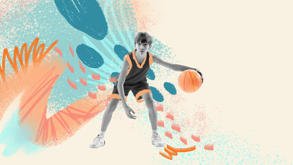 Fototapeta Young junior basketball player in action, motion over light background with colorful abstract drawings. Inspiration, creativity and sports concept obraz