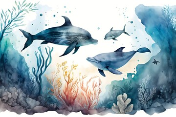 Beautiful Stock Illustration with Watercolor Underwater Sea Life Scenery