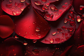 Generative ai red flower petals, dew drops, fresh flowers macro, top view
