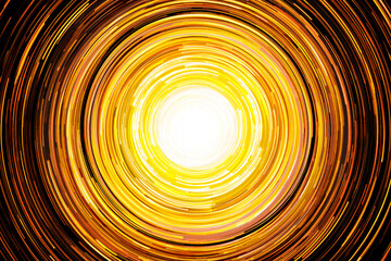 Abstract sun, neon circle lines with empty copy space inside isolated on black background. Yellow led lights long exposure rotation photo. Orange light source. Cosmos space sun planet abstraction.