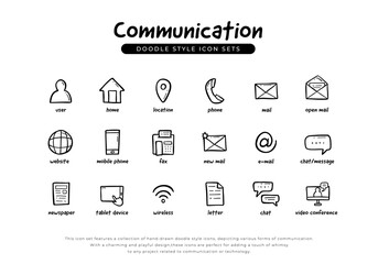Communication icon set doodle style include with email, phone, chat, video conference, message, mail, letter, envelope, mobile phone, fax and more