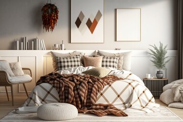 Bed dressed in cozy knitted plaid, hip decor. Generative AI