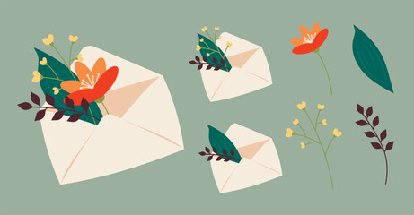Set of beauiful envelopes with floral elements or inflorescences, leaves isolated on light background. Elegant floral decorations. Vector illustrations