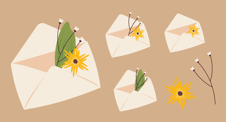 Set of beauiful envelopes with floral elements or inflorescences, leaves isolated on light background. Elegant floral decorations. Vector illustrations