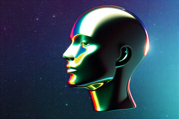 Abstract 3D illustration of holographic human face in space, robotic head made of glossy iridescent material. Artificial intelligence concept. generated with generative ai