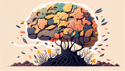 Human brain tree with flowers, self care and mental health concept, generative AI