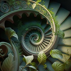 Fantasy green floral spiral staircase perspective. Generative ai illustration - 577068519