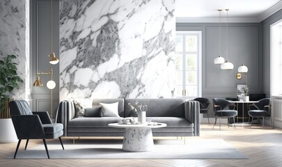  a living room with a marble wall and a gray couch.  generative ai