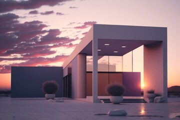 Architectural abstract modern style concept of expensive, luxury pastel pink house, summer weekend house under cloudy sky. Generative AI.