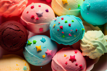 Fototapeta na wymiar Strawberry, vanilla, blueberry, chocolate, mint, colorful Ice cream scoops AI Generated