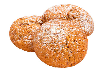 Three oatmeal cookies with sugar powder, cut out