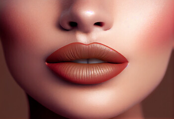 Obraz premium Close-up perfect lip makeup beautiful female mouth. Perfect clean skin, fresh lip make-up. AI Generated