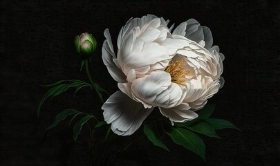  a large white flower with green leaves on a black background.  generative ai