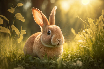 Cute fluffy bunny in grass, spring and easter. Generative AI