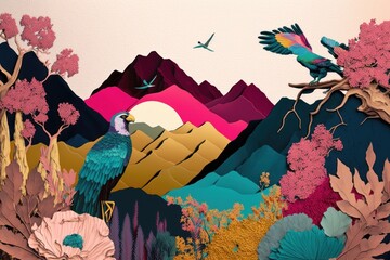 Colorful vivid vintage background. Creative retro but contemporary abstract pop art collage style of Spring mountains and flowers concept, flora and fauna. Generative AI.