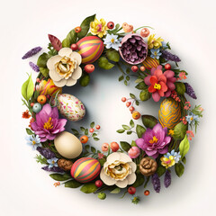 Easter Wreath with Colorful Eggs and Spring Flowers for Celebrating the Holiday -ai generated.