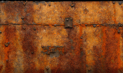  a rusted metal surface with rivets and rivet holes.  generative ai