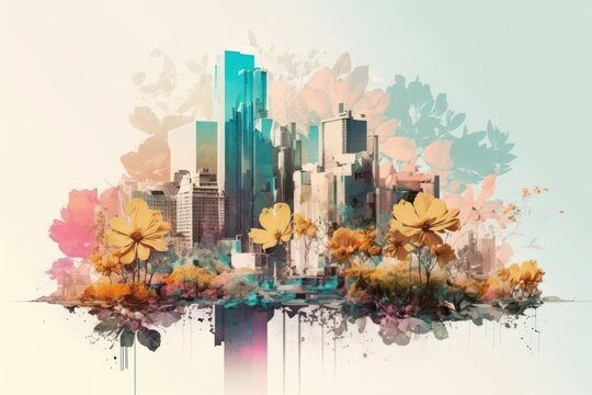 Pastel pink watercolor illustration, combination of urban, modern city buildings and fresh spring flowers on white background. A combination of nature and architecture. Generative AI. © Uncanny Valley