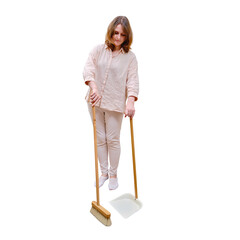 Woman sweeping floor with broom and dustpan while cleaning home living room, isolated on a white background - obrazy, fototapety, plakaty