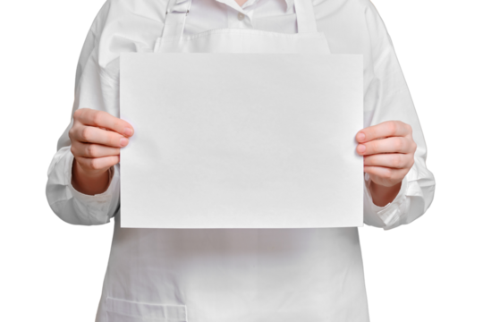 Man chef with blank A4 paper sheet for text in hand on isolated on a white background, mockup copy space