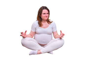 Pregnant woman gets angry in a bad mood in home, isolated on a white background