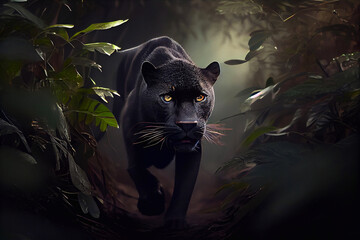 Black panther walking out of the dark into the light. Generative AI