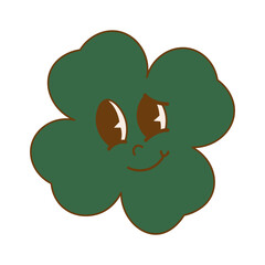 Trendy retro cartoon character clover with four leaf. Happy Saint Patrick's Day. Groovy style, vintage, 70s 60s aesthetics