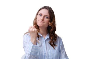 Portrait of an adult woman in a blue shirt, isolated on a white background