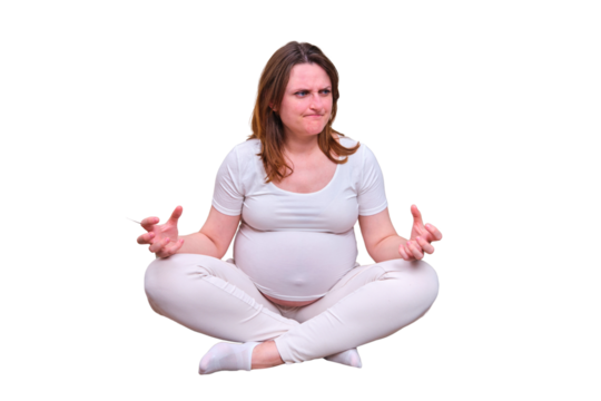 Pregnant woman gets angry in a bad mood in home, isolated on a white background