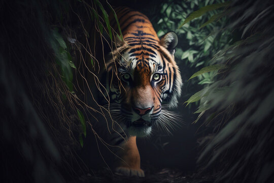 Close up Tiger walking on road through dark forest. Generative AI
